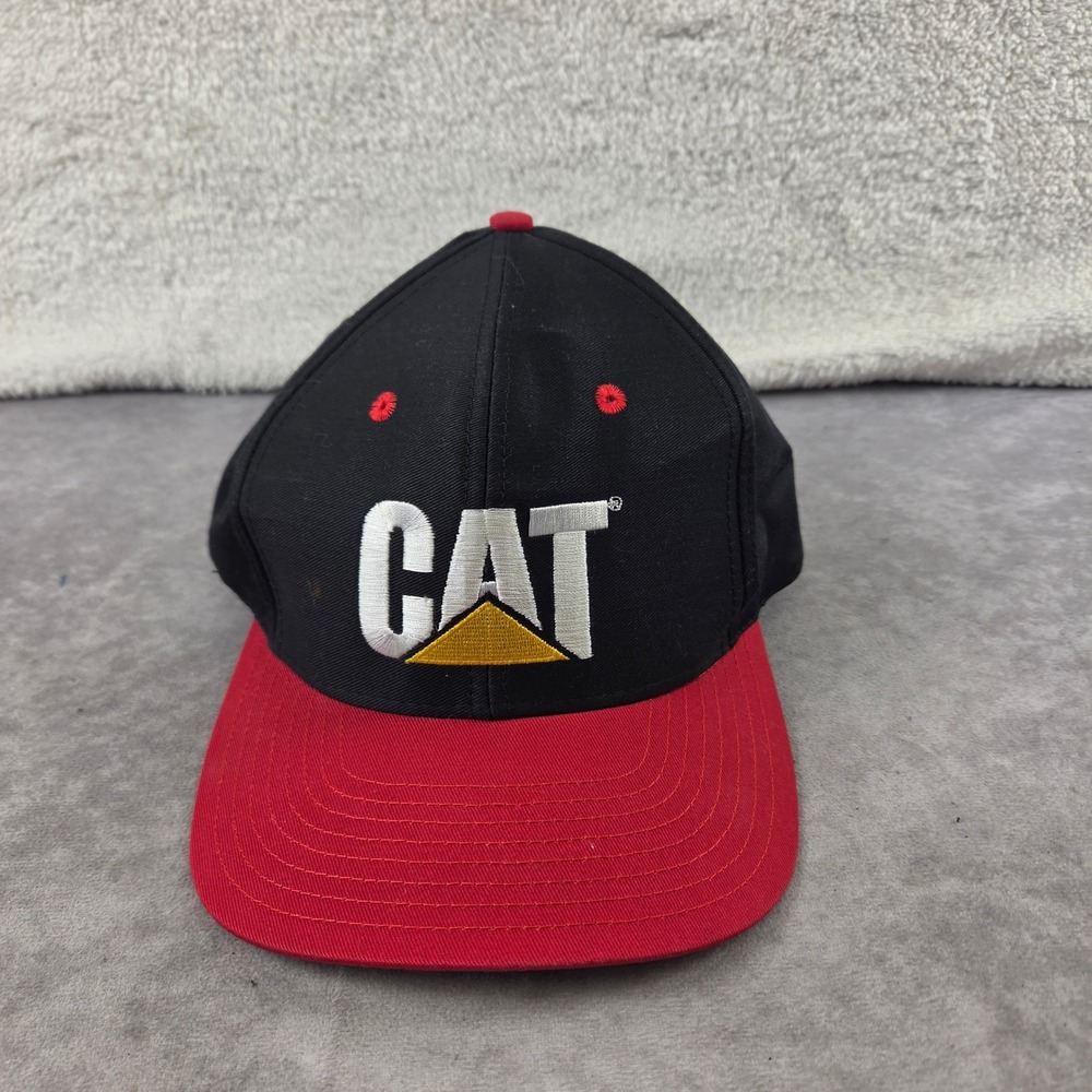 Caterpillar CAT Hat Black Red Snapback Trucker Cap Embroidered Logo Mens Vintage